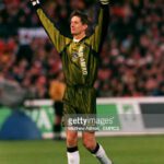 Ajax goalkeeper Edwin Van Der Sar celebrates after Ajax took the lead  (Photo by Matthew Ashton/EMPICS via Getty Images)